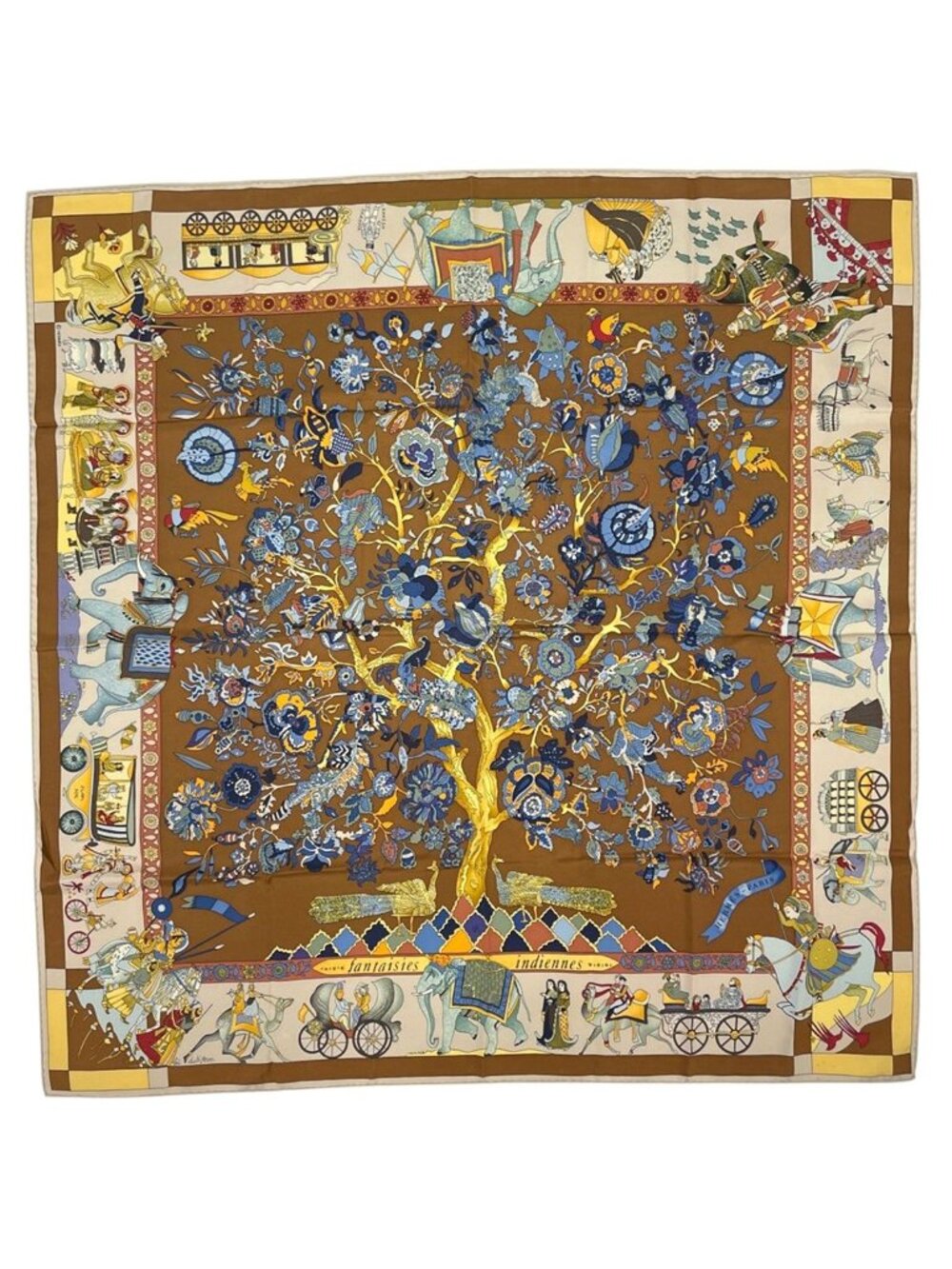 Hermes Carre 90 Fantaisies Indiennes Scarf Dazzling India Silk Brown Multicolor